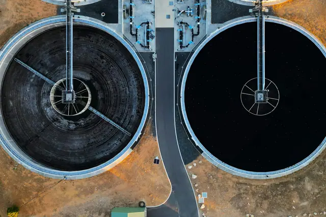 Aerial view of water-treatment tanks in Perth, Australia